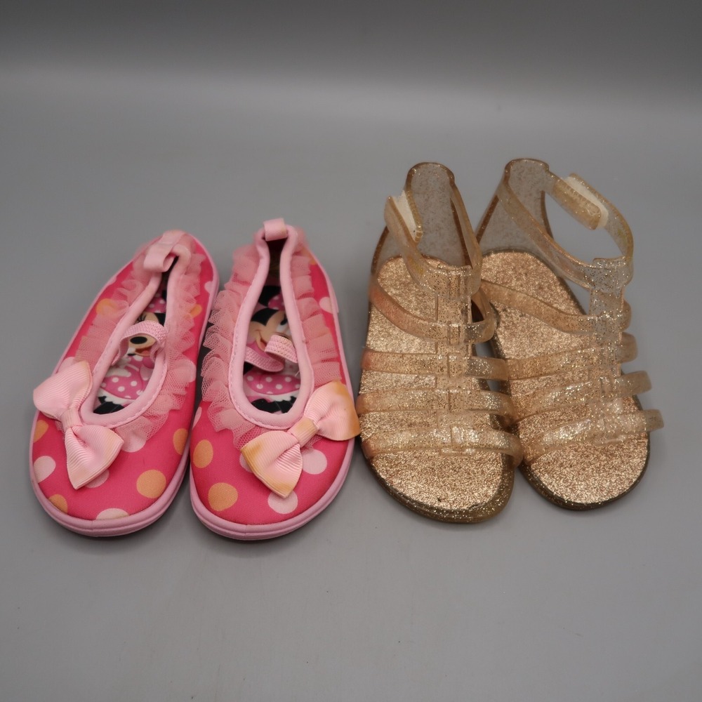Disney Minnie Mouse Girls Water Shoes & Gold Glitter Jelly Shoes Girls Size 6T